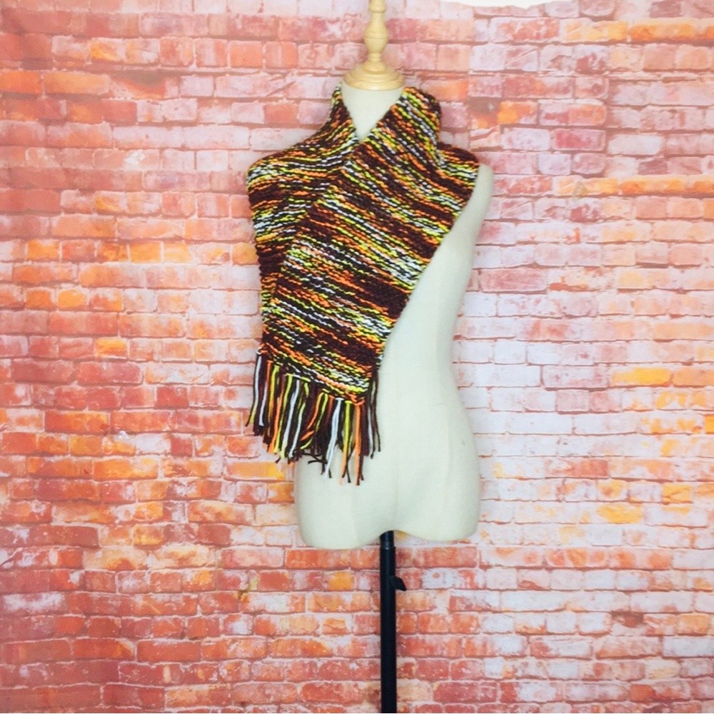 Handmade Chunky Multi Autumnal Colored Knit Scarf with Fringe